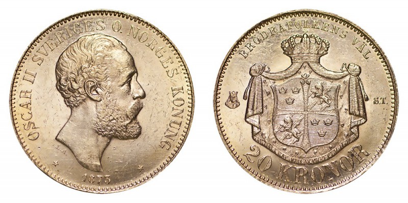 SWEDEN. Oscar II, 1872-1907. Gold 20 Kronor, 1873, Stockholm. About uncirculated...