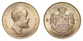 SWEDEN. Oscar II, 1872-1907. Gold 20 Kronor, 1873, Stockholm. About uncirculated.. 8.96 g. 23 mm. Mintage: 115,108. KM# 733. Prooflike with mirrored f...