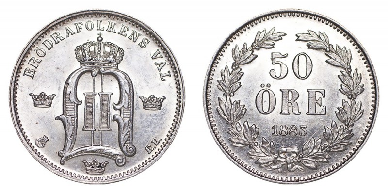 SWEDEN. Oscar II, 1872-1907. 50 Ore, 1883, Stockholm. Uncirculated.. 5.00 g. 22 ...