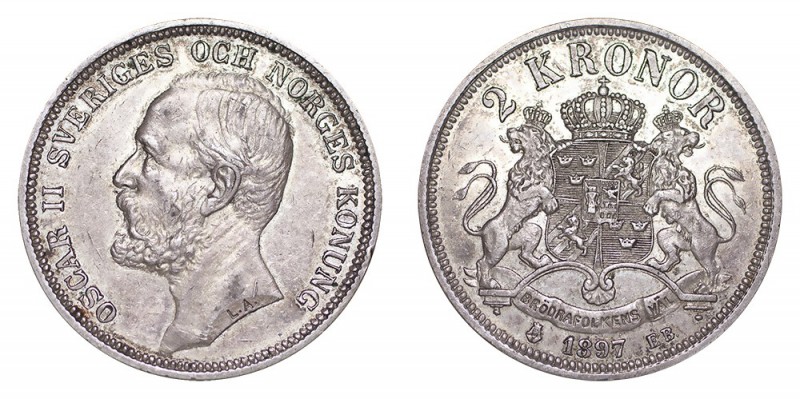 SWEDEN. Oscar II, 1872-1907. 2 Kronor, 1897, Stockholm. Extremely fine.. 15.00 g...