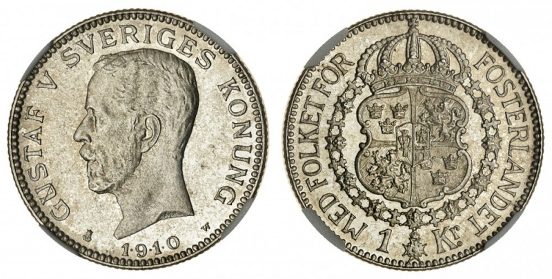 SWEDEN. Gustav V, 1907-50. 1 Krona, 1910, Stockholm. NGC MS66. 7.50 g. 25 mm. Mi...