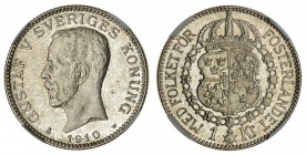 SWEDEN. Gustav V, 1907-50. 1 Krona, 1910, Stockholm. NGC MS66. 7.50 g. 25 mm. Mintage: 643,065. KM# 786. A stunning example of the first date of this ...