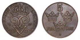 SWEDEN. Gustav V, 1907-50. 5 Ore, 1927, Stockholm. About very fine.. 8.00 g. 27 mm. Mintage: 36,380. KM# 779.2. About very fine.