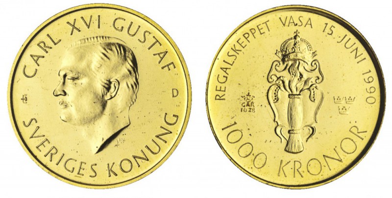 SWEDEN. Carl XVI Gustaf, 1973-. Gold 1000 kronor, 1990, Stockholm. Fleur-de-Coin...