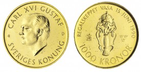 SWEDEN. Carl XVI Gustaf, 1973-. Gold 1000 kronor, 1990, Stockholm. Fleur-de-Coin (FDC).. 5.80 g. 21 mm. Mintage: 15,000. KM# 876. In original packagin...