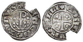 Corona de Aragón. Ermengol X (1267-1314). Diner. Condado de Urgell. (Cr-128). Ve. 0,71 g. Báculo entre tréboles y puntos. Cospel faltado. MBC. Est...5...