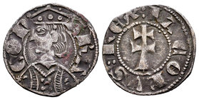 Corona de Aragón. Jaime II (1291-1327). Dinero jaqués. Aragón. (Cru-364). Anv.: ARA-GON. Busto coronado a izquierda. Rev.: IACOBVS REX. Cruz patriarca...