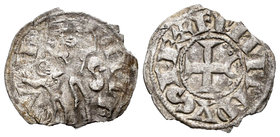 Reino de Castilla y León. Alfonso VIII (1158-1214). Dinero. (Bautista-263.5). Ve. 0,63 g. Cospel faltado. Dos pequeños roeles sobre la espada. Escasa....