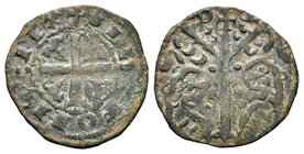 Reino de Castilla y León. Alfonso IX (1188-1230). Dinero. (Bautista-247). Ve. 0,90 g. Roeles a los lados de la cruz. MBC+. Est...35,00.
