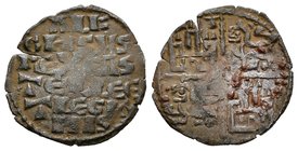 Reino de Castilla y León. Alfonso X (1252-1284). Dinero de seis líneas. Coruña. (Abm-361). Ve. 0,79 g. Venera antigua en el 1º cuadrante. Grieta. MBC....