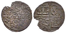 Reino de Castilla y León. Alfonso X (1252-1284). Dinero de seis líneas. (Bautista-363.2). Ve. 0,62 g. Roeles en los extremos de los ejes del cuartelad...