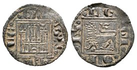 Reino de Castilla y León. Alfonso X (1252-1284). Óbolo. (Bautista-418.2). Ve. 0,42 g. Creciente invertido en la puerta del castillo y creciente en la ...