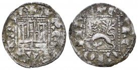 Reino de Castilla y León. Alfonso XI (1312-1350). Novén. Coruña. (Bautista-484.1). Ve. 0,74 g. Venera antigua bajo castillo y al final de la leyenda d...