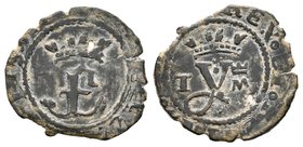 Fernando e Isabel (1474-1504). Blanca. Segovia. (Cal-no cita). (Rs-851). Anv.: Sin marcas. Rev.: Y corona entre entre T y M coronada. Ae. 1,17 g. Aguj...