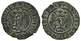Fernando e Isabel (1474-1504). Blanca. Toledo. (Cal-674). (Rs-879). Anv.: F coronada entre T superadas de cruz de puntos. Rev.: Y coronada entre hojas...