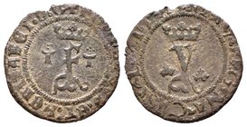 Fernando e Isabel (1474-1504). Blanca. Toledo. (Cal-676). (Rs-871). Ve. 0,80 g. F corona entre T superada de cruz de puntos. MBC. Est...18,00.