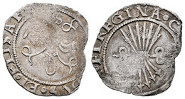 Fernando e Isabel (1474-1504). 1/2 real. Sevilla. (Cal-467). Ag. 1,48 g. Con S en anverso. Cospel roto. BC. Est...15,00.