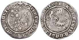 Fernando e Isabel (1474-1504). 1 real. Segovia. (Cal-338). Ag. 3,34 g. Acueducto y A bajo el haz de 6 flechas. MBC/MBC-. Est...75,00.