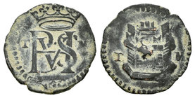 Felipe II (1556-1598). Blanca. Toledo. M. (Cal-885). (Jarabo-Sanahuja-A277). Ae. 0,99 g. Castillo tridimensional en reverso. MBC. Est...12,00.