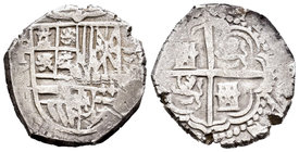Felipe II (1556-1598). 2 reales. 159_. Toledo. C. (Cal-Tipo 368). Ag. 6,55 g. Fecha en posición vertical a derecha del escudo. No visible el último dí...