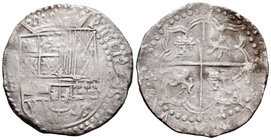 Felipe II (1556-1598). 8 reales. Potosí. Ag. 24,98 g. Oxidaciones marinas superficiales. BC. Est...100,00.