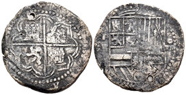 Felipe II (1556-1598). 8 reales. Potosí. R. (Cal-158). Ag. 26,42 g. Oxidaciones marinas. Agujero. BC. Est...100,00.