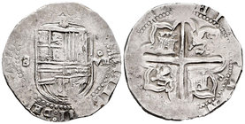 Felipe II (1556-1598). 8 reales. Sevilla. (Cal-235). Ag. 24,72 g. Ensayador d cuadrada en reverso. Habituales vanos de acuñación. MBC+. Est...350,00....