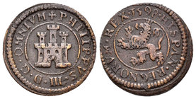 Felipe III (1598-1621). 2 maravedís. 1598. Segovia. (Cal-796 como 4 maravedís). (Jarabo-Sanahuja-C31). Ae. 3,39 g. Sin ceca ni valor. Escasa. MBC-. Es...