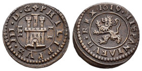Felipe III (1598-1621). 2 maravedís. 1619. Segovia. (Cal-853 variante). (Jarabo-Sanahuja-D270). Ae. 1,70 g. Variante los II del valor muy separados. E...