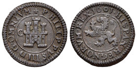 Felipe III (1598-1621). 4 maravedís. 1601. Segovia. C. (Cal-801). (Jarabo-Sanahuja-C25). Ae. 2,88 g. MBC+. Est...15,00.