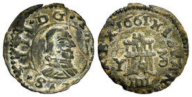 Felipe IV (1621-1665). 4 maravedís. 1661. Madrid. Y. (Cal-1447). (Jarabo-Sanahuja-M349). Ae. 0,71 g. Variante de puntuación en reverso. Escasa. MBC. E...