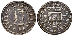 Felipe IV (1621-1665). 16 maravedís. 1663. Coruña. R. (Cal-1301). (Jarabo-Sanahuja-M129a variante). Ae. 3,57 g. Variante por no llevar punto encima de...