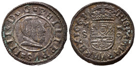 Felipe IV (1621-1665). 16 maravedís. 1663. Madrid. S. (Cal-1399). (Jarabo-Sanahuja-M376). Ae. 3,31 g. El 6 del valor tumbado. Escasa. BC+. Est...30,00...