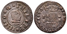 Felipe IV (1621-1665). 16 maravedís. 1664. Sevilla. R. (Cal-1570 variante). (Jarabo-Sanahuja-M621). Ae. 3,92 g. Variante por PHILIPP en anverso. Rara....