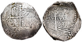 Felipe IV (1621-1665). 8 reales. 1653. Potosí. E. (Cal-437). Ag. 27,54 g. Doble fecha, una de ellas parcial. BC+. Est...200,00.