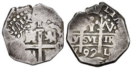 Carlos II (1665-1700). 1 real. 1692. Lima. V. (Cal-682). Ag. 3,30 g. MBC-/MBC. Est...80,00.