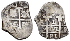 Carlos II (1665-1700). 2 reales. 1681. Potosí. V. (Cal-719). Ag. 3,22 g. Doble fecha. MBC+. Est...80,00.