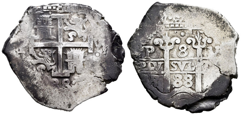 Carlos II (1665-1700). 8 reales. 1688. Potosí. VR. (Cal-373). Ag. 27,14 g. Dos f...