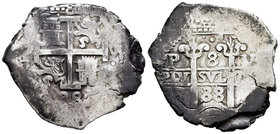 Carlos II (1665-1700). 8 reales. 1688. Potosí. VR. (Cal-373). Ag. 27,14 g. Dos fechas visibles. MBC. Est...250,00.