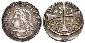 Felipe V (1700-1746). Croat. 1705. Barcelona. (Cal-1446 variante). Ag. 2,69 g. Variante de leyenda de terminada en R·X en lugar de en REX. En reverso ...