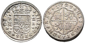 Felipe V (1700-1746). 2 reales. 1723. Madrid. A. (Cal-1250). Ag. 5,44 g. Pequeñas marcas. EBC-. Est...120,00.