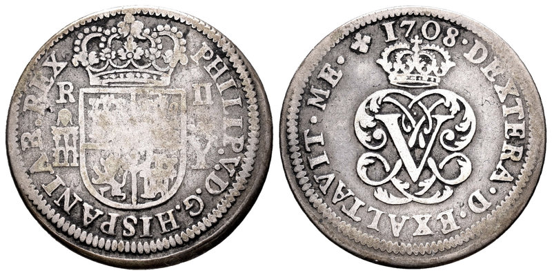 Felipe V (1700-1746). 2 reales. 1708. Segovia. Y. (Cal-1382). Ag. 5,24 g. Palma ...