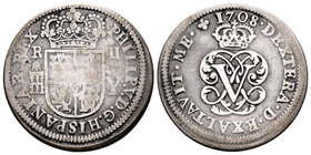 Felipe V (1700-1746). 2 reales. 1708. Segovia. Y. (Cal-1382). Ag. 5,24 g. Palma derecha sobre izquierda. BC+/MBC-. Est...40,00.