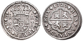 Felipe V (1700-1746). 2 reales. 1725. Sevilla. J. (Cal-1427). Ag. 6,61 g. Raya en anverso. MBC+. Est...50,00.