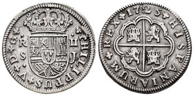 Felipe V (1700-1746). 2 reales. 1725. Sevilla. J. (Cal-1427). Ag. 5,45 g. MBC+. Est...70,00.