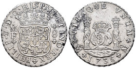 Felipe V (1700-1746). 8 reales. 1736. México. MF. (Cal-780). Ag. 26,65 g. Oxidaciones limpiadas. MBC+. Est...175,00.