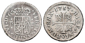 Fernando VI (1746-1759). 1/2 real. 1757. Madrid. JB. (Cal-657). Ag. 1,36 g. BC+. Est...30,00.