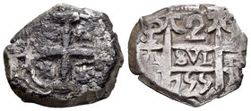Fernando VI (1746-1759). 2 reales. 1755. Potosí. q. (Cal-516). Ag. 6,89 g. Oxidaciones en anverso. BC/MBC+. Est...70,00.