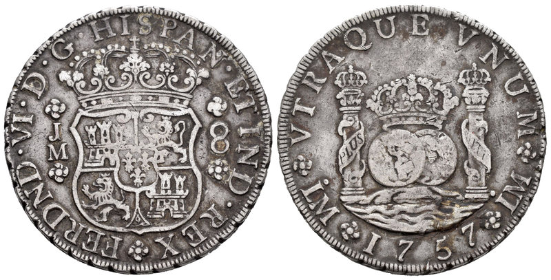 Fernando VI (1746-1759). 8 reales. 1757. Lima. JM. (Cal-317). Ag. 26,83 g. MBC. ...