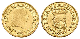 Fernando VI (1746-1759). 1/2 escudo. 1758. Sevilla. JV. (Cal-275). Au. 1,78 g. MBC+. Est...140,00.